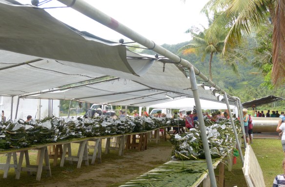 Long tables filled with food